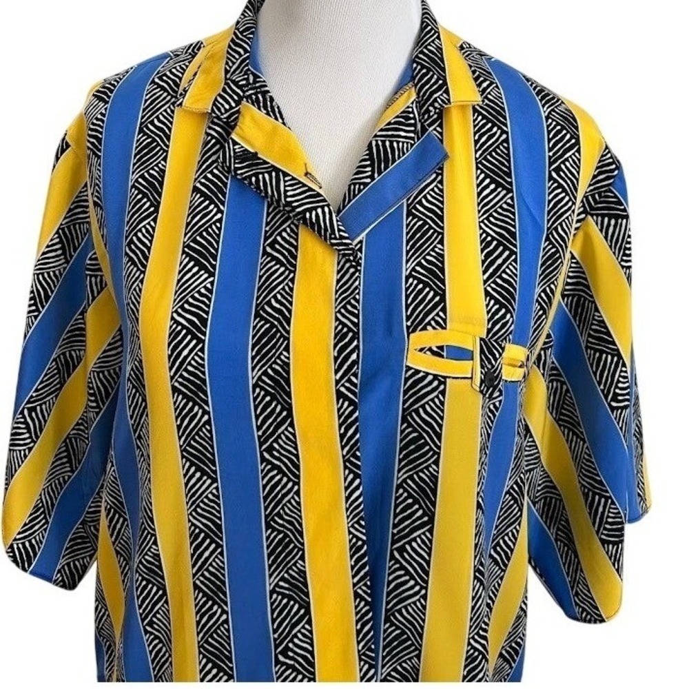 Vintage 1990's Blue Yellow Stripe Short Sleeve Shirt‎ Size XL Vibrant Bold